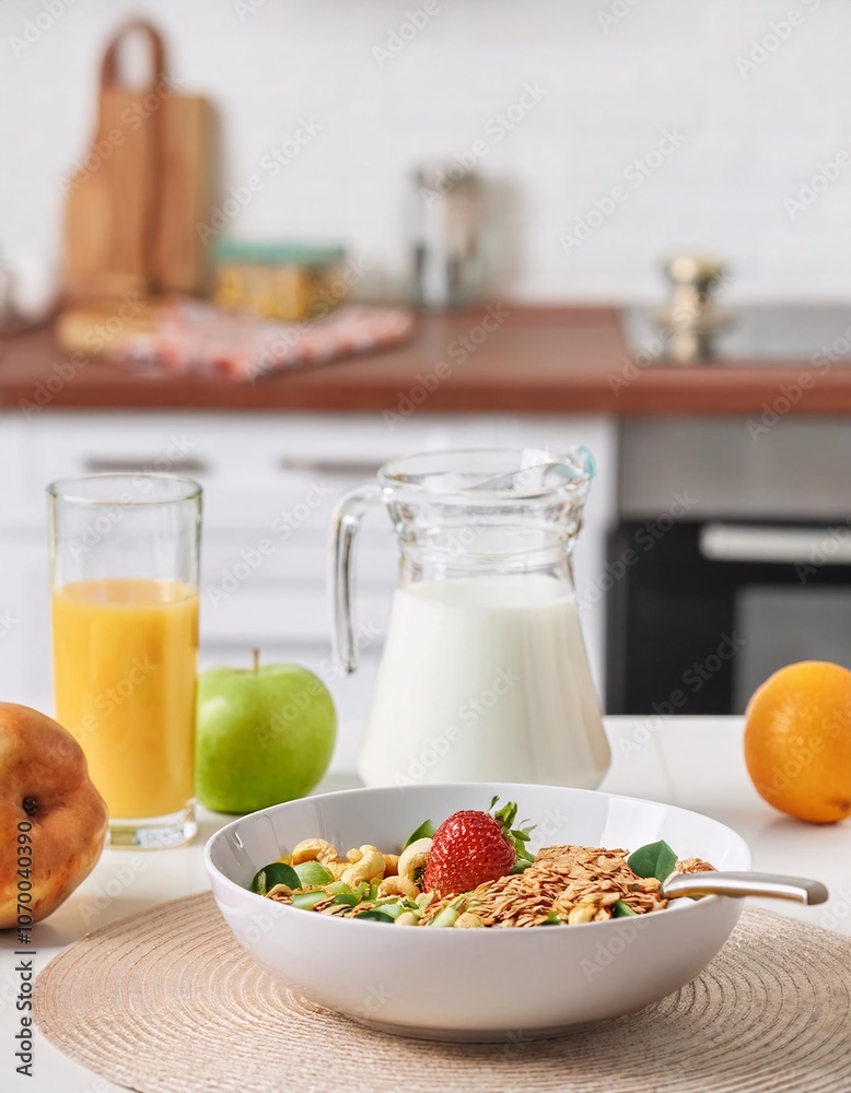 Healthy and delicious breakfast at home with cereal, fresh milk and fresh fruit,