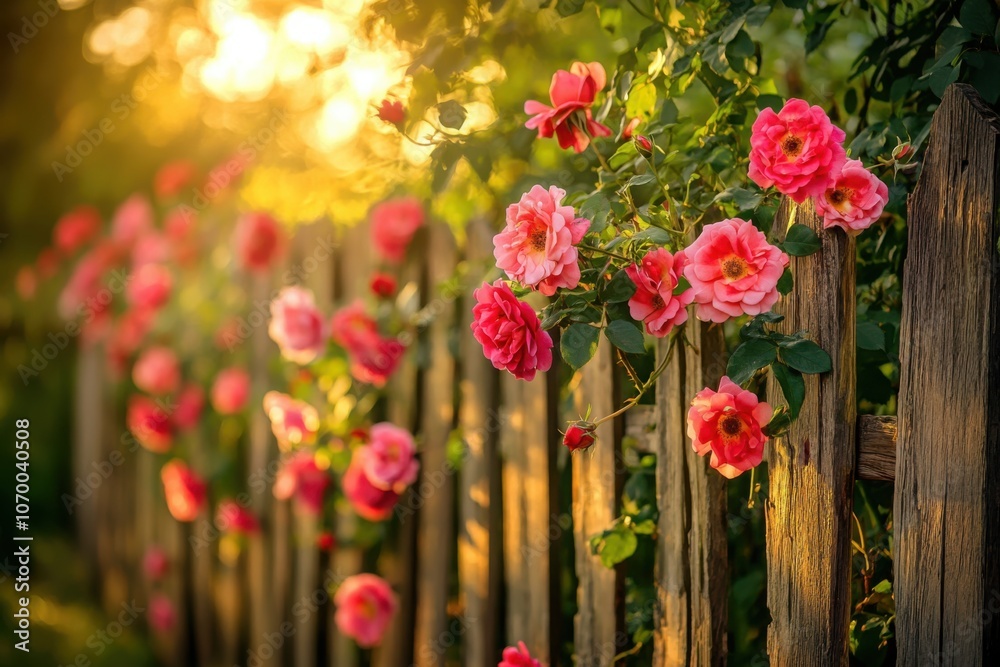 Fototapeta premium Rustic Wooden Fence with Climbing Roses