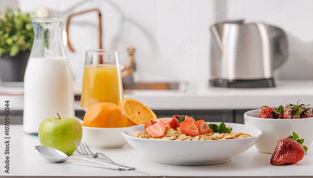 Healthy and delicious breakfast at home with cereal, fresh milk and fresh fruit, Healthy and delicious breakfast at home with cereal, fresh milk and fresh fruit,