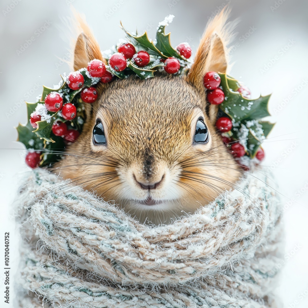 Curious squirrel joyfully wrapped in winter garlands adorned with festive holly berries Curious squirrel joyfully wrapped in winter garlands adorned with festive holly berries