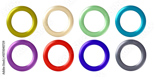 A set of multicolored metal or plastic rings or rivets for curtains, clothing, paper, stickers or tags. 3d vector