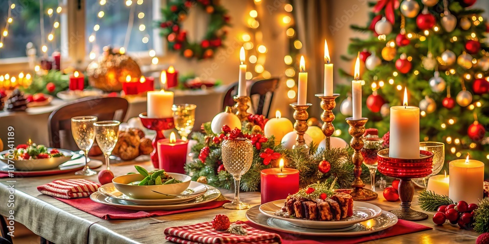 Festive Christmas and New Year Dinner Gathering: A Joyous Celebration Among Friends and Family with a Beautifully Set Table and Seasonal Decorations Festive Christmas and New Year Dinner Gathering: A Joyous Celebration Among Friends and Family with a Beautifully Set Table and Seasonal Decorations