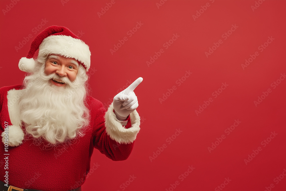 Smiling Santa Claus pointing on blank advertisement banner. Background with copy space or space for text