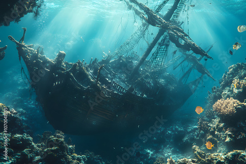 Mysterious Sunken Pirate Ship Covered with Coral Undersea   photo