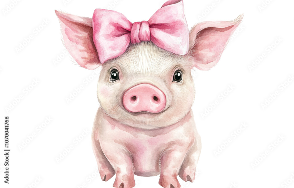 custom made wallpaper toronto digitalHappy watercolor pig with pink bow on head, cartoon style. Clip art for stickers white background