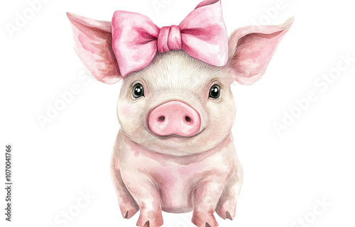 Wallpaper Mural Happy watercolor pig with pink bow on head, cartoon style. Clip art for stickers white background Torontodigital.ca