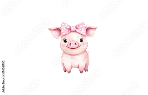Wallpaper Mural Happy watercolor pig with pink bow on head, cartoon style. Clip art for stickers white background Torontodigital.ca