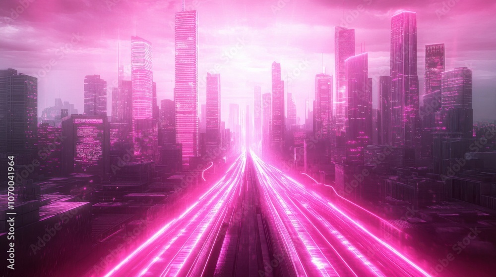 A futuristic cityscape with glowing pink light trails, showcasing a vibrant, high-tech urban environment.
