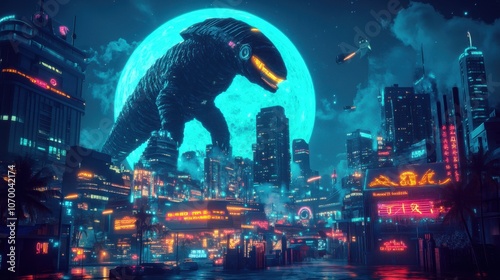 Fototapeta Naklejka Na Ścianę i Meble -  Futuristic cityscape with a massive neon dinosaur looming under a glowing moon, set in a cyberpunk atmosphere.