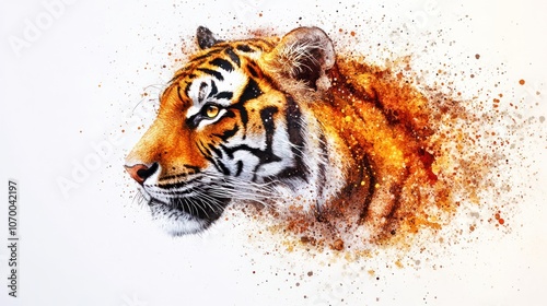 A tiger's head in profile, rendered in a painterly style with splashes of orange and brown. photo