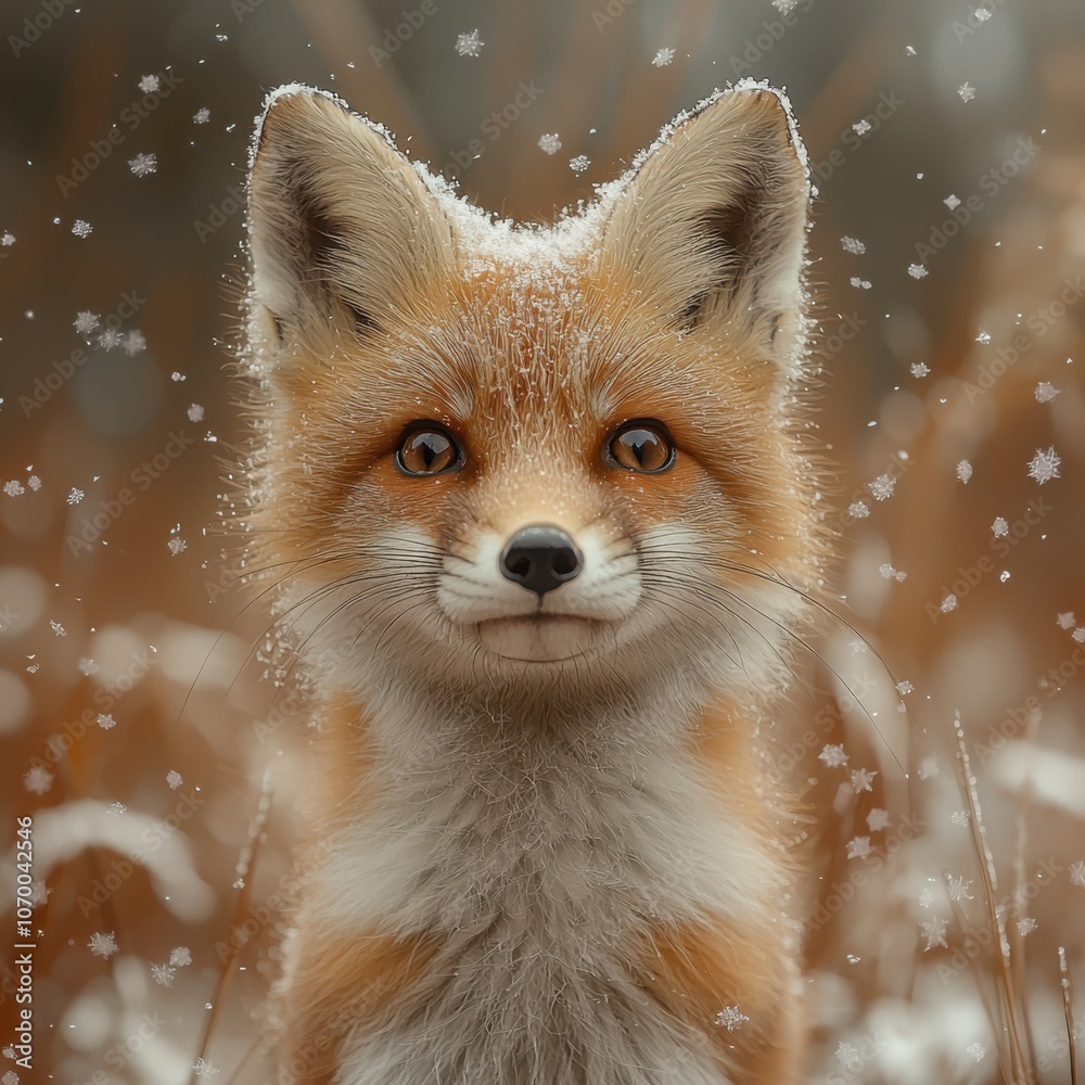 Fototapeta premium Playful fox kit gleefully dances amidst delicate snowflakes in a winter wonderland