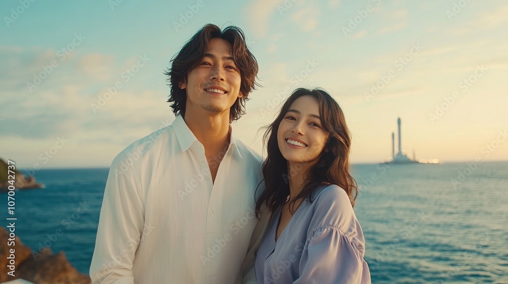 Young couple smiling together on a cliffside during sunset with an ocean view and distant industrial structures Space rocket on background Young couple smiling together on a cliffside during sunset with an ocean view and distant industrial structures Space rocket on background