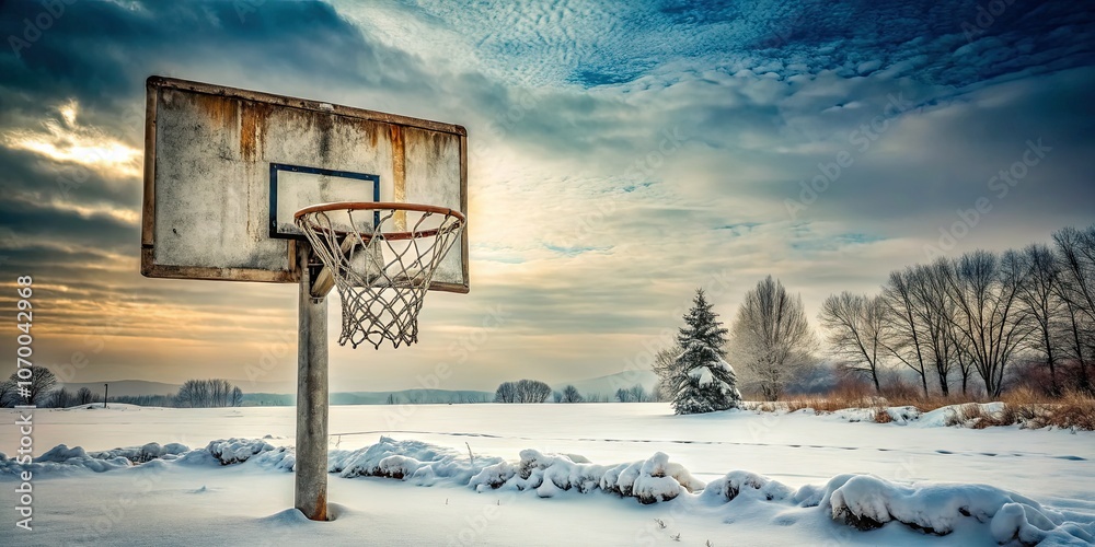 Naklejka premium A dilapidated basketball hoop looms over a snowy court, encapsulating winter's chill. Vintage photography immortalizes the beauty of outdoor sports amid the quiet landscape.