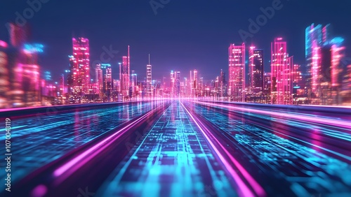 A highway made of neon strips leads to the city