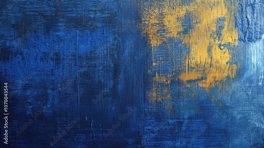 Obraz premium An abstract painting featuring deep blue tones with vibrant gold highlights, creating a striking visual contrast.