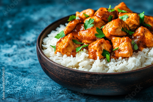 Bowl of Chicken in Tomato Sauce Served with Rice