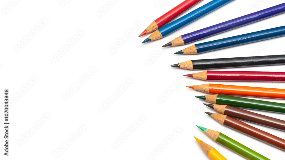 A vibrant collection of colored pencils arranged artistically for drawing and coloring projects, showcasing a variety of shades on a clean white background