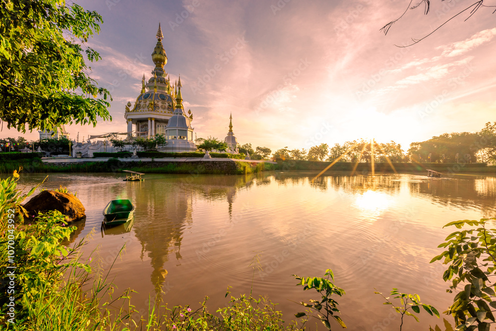 The background of an important tourist attraction in Khon Kaen Province (Wat Thung Setthi) is a large pagoda in the middle of a swamp, tourists always come to see the beauty in Thailand