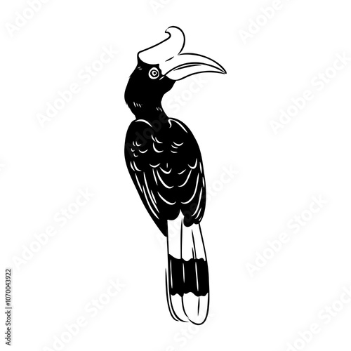 Rhinoceros hornbill. Vector sketch of hand drawn bird. Linear animals art.