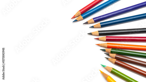 A vibrant collection of colored pencils arranged artistically for drawing and coloring projects, showcasing a variety of shades on a clean white background