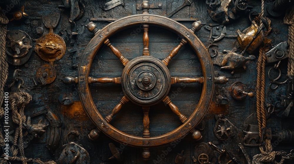 Fototapeta premium An old ship's wheel surrounded by nautical decor.