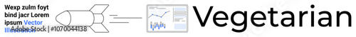 Rocket designed with text as exhaust, leading to data analysis charts including line and bar graphs. Ideal for tech, aerospace, data analysis, vegetarian themes, futuristic concepts, innovative