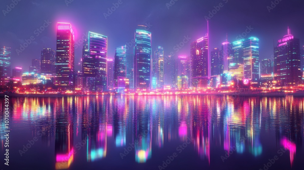 Obraz premium A vibrant city skyline at night, showcasing futuristic skyscrapers illuminated with colorful neon lights.