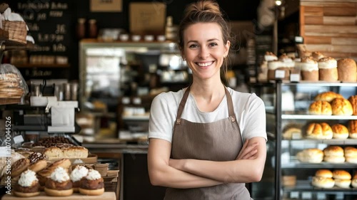Cheerful woman in an apron standing in a warm bakery filled with fresh pastries, showcasing a welcoming small business environment.