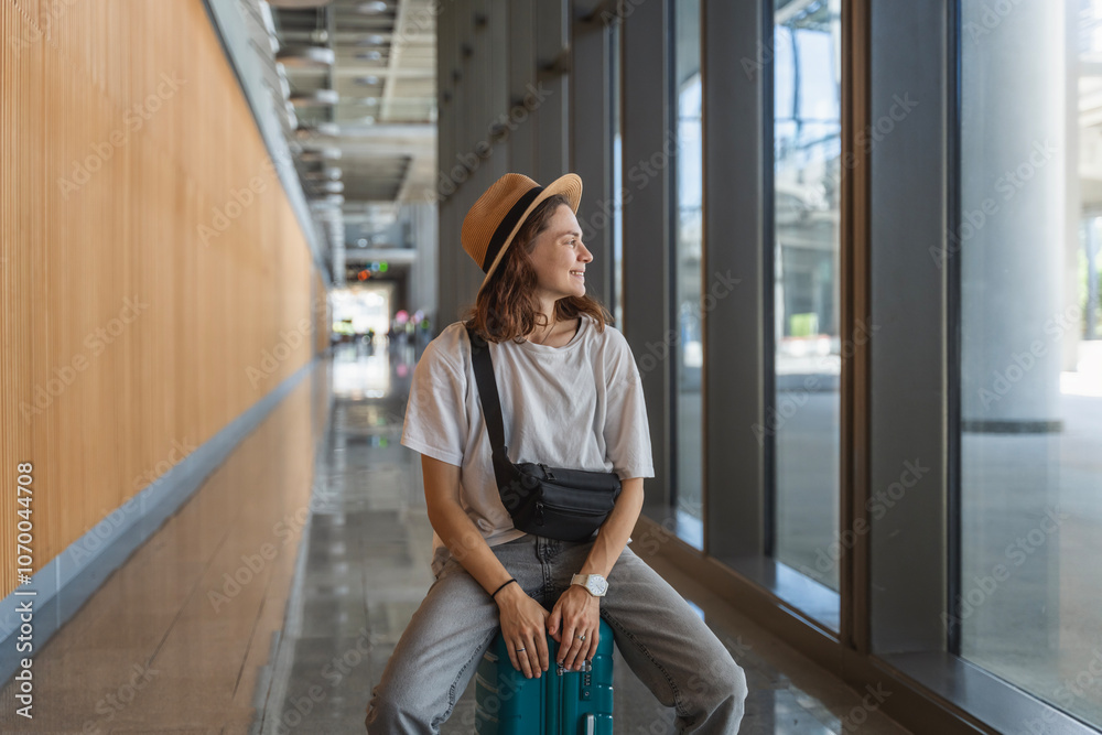 Young happy woman traveler in hat sitting on suitcase in departure area at airport train station