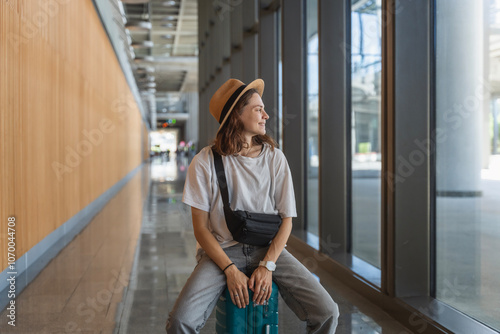 Obraz na płótnie Young happy woman traveler in hat sitting on suitcase in departure area at airport train station w salonie