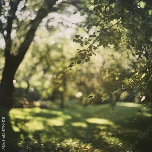 A blurry view of a park with trees and a garden, with soft green light from the sun shining through the leaves. It's a summery scene, perfect for a relaxing day outdoors.