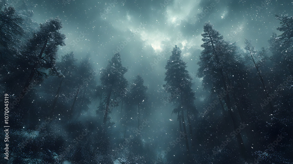 Naklejka premium A dramatic photography of a snowstorm sweeping through a dense forest, with tall trees swaying under the weight of the wind and snowflakes creating a mesmerizing, chaotic dance.
