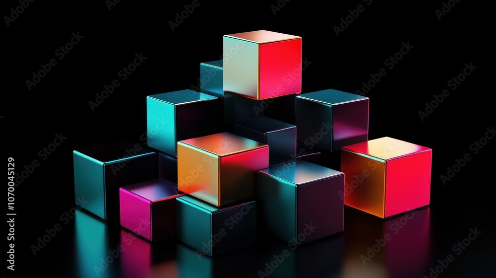 Obraz premium A collection of reflective, colorful cubes arranged artistically, creating a dynamic and modern aesthetic.