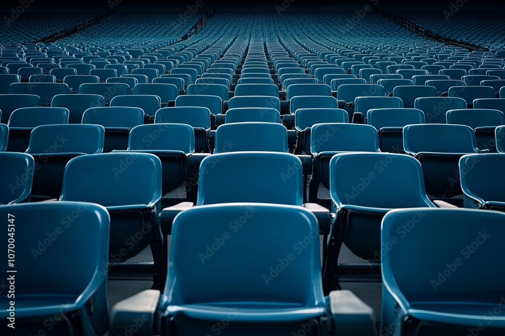 Rows of empty blue seats fill the stadium under bright lights during an event at night, creating a sense of anticipation. Generative AI Rows of empty blue seats fill the stadium under bright lights during an event at night, creating a sense of anticipation. Generative AI