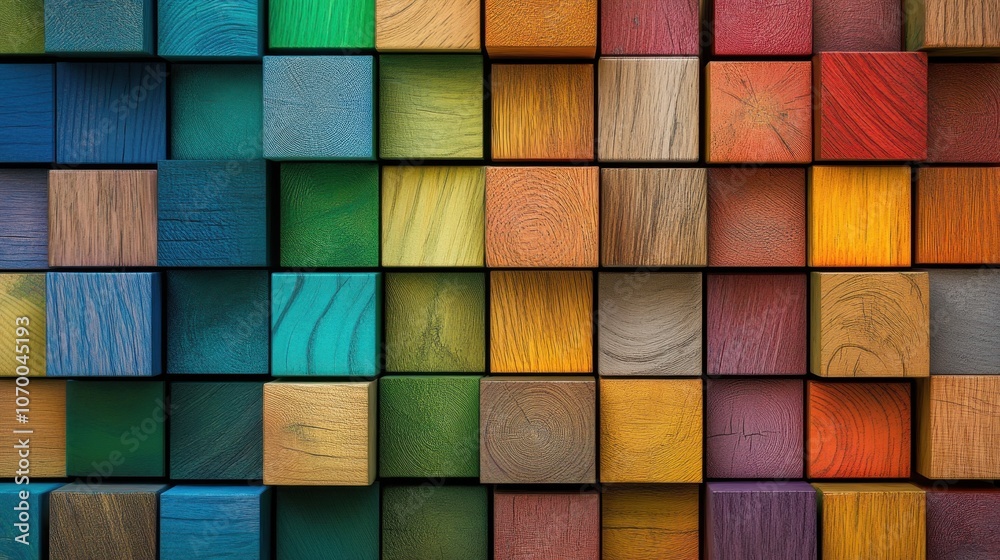 A vibrant array of textured wooden blocks in various colors creates a visually striking pattern. A vibrant array of textured wooden blocks in various colors creates a visually striking pattern.