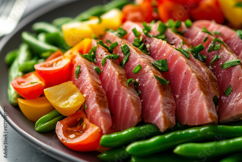 Seared Tuna Salad with Vegetables on a Plate