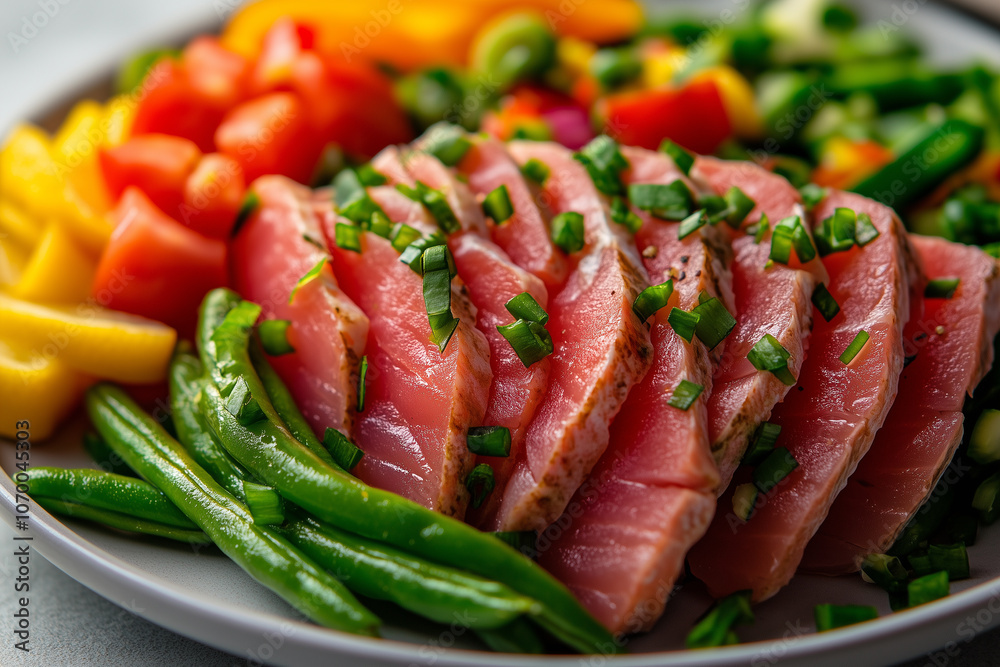 Seared Tuna Salad with Vegetables on a Plate Seared Tuna Salad with Vegetables on a Plate