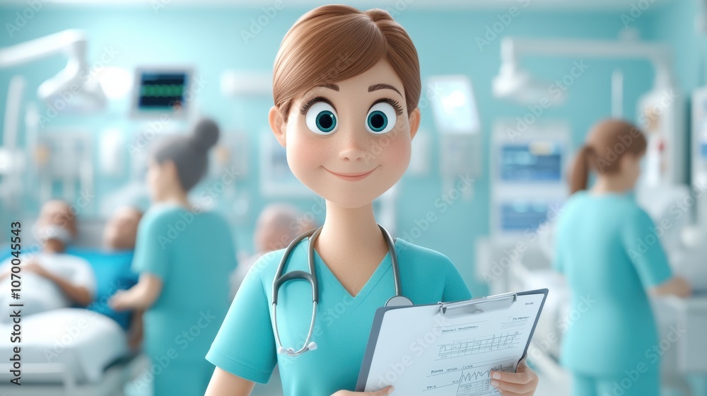 Fototapeta premium Cartoon Nurse Juggling Patient Care in Busy Environment