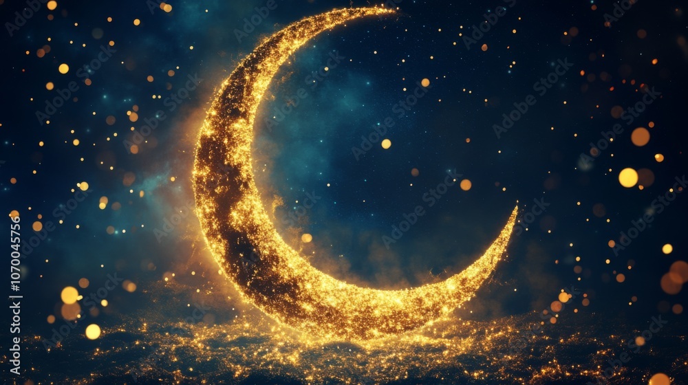 Fototapeta premium A crescent moon with golden patterns, glittering stars in the background, dark sky, Ramadan concept art