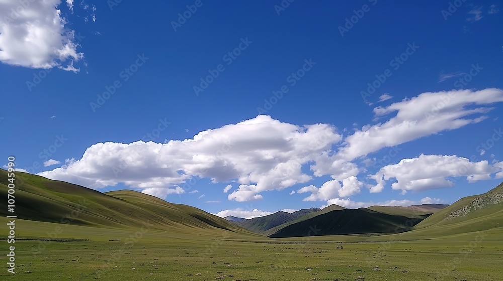 Fototapeta premium Enchanting Blue Sky, White Clouds, and Grassland Scenery: A Serene Escape