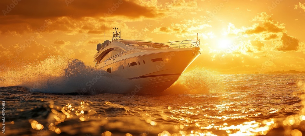 Naklejka premium Sleek White Yacht Speeding at Sunset Over Water