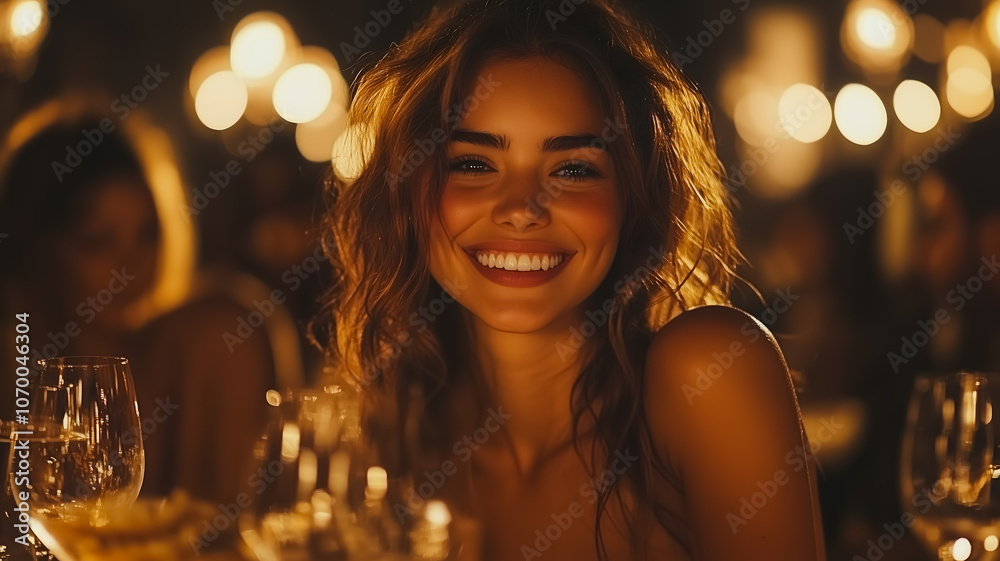 A woman is smiling at the camera while sitting at a table with wine glasses. Scene is happy and relaxed A woman is smiling at the camera while sitting at a table with wine glasses. Scene is happy and relaxed