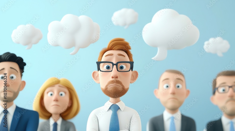 Cartoon 3D Employees in Thoughtful Meeting Setting