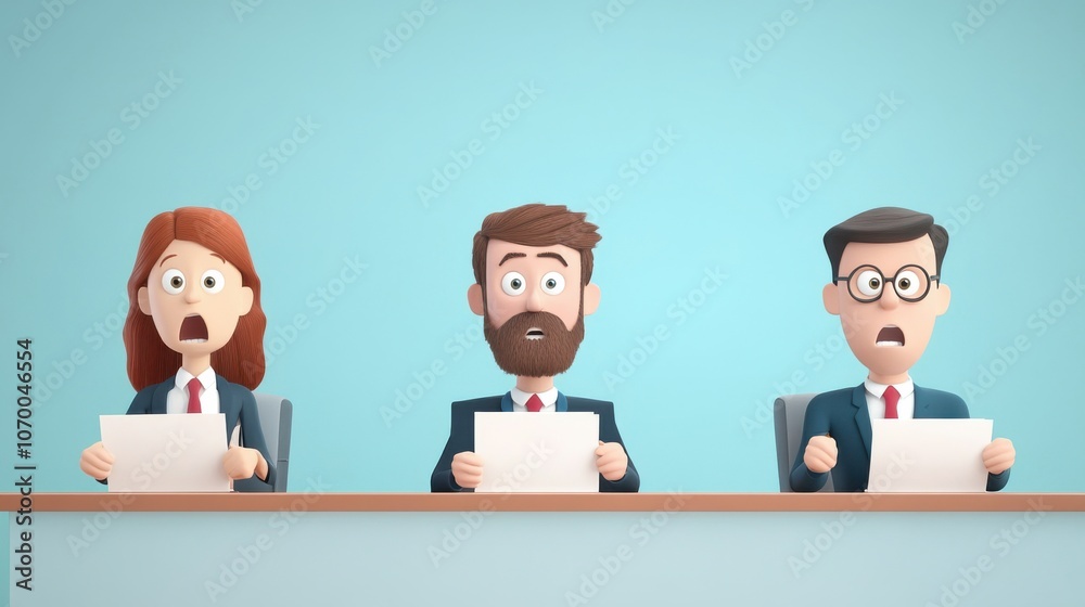 Cartoon Team Sitting Around Table with Papers Cartoon Team Sitting Around Table with Papers