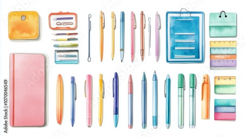 Colorful stationery collection featuring various pens, notebooks, rulers, and other writing tools arranged neatly on a white background