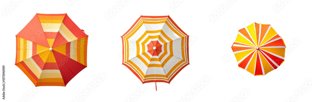 An isolated retro beach umbrella is shown on a transparent background, top view An isolated retro beach umbrella is shown on a transparent background, top view