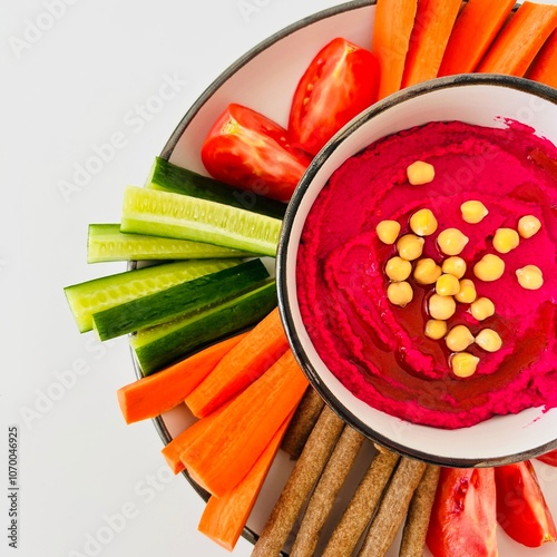 Wallpaper Mural Beet Hummus Dip with Chickpeas on Top and Vegetables on Plate Torontodigital.ca