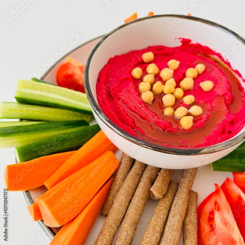 Wallpaper Mural Beet Hummus Dip with Chickpeas on Top and Vegetables on Plate Torontodigital.ca