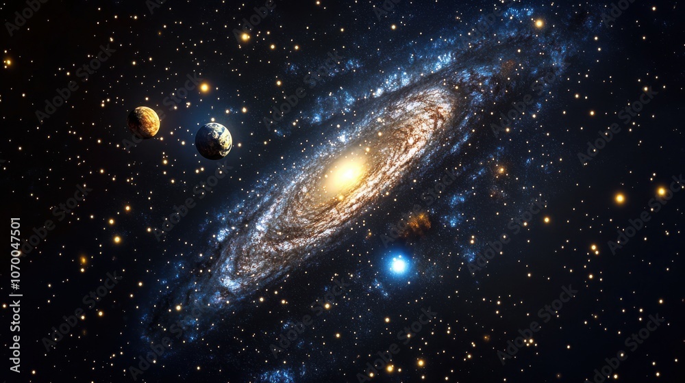 A breathtaking digital depiction of a galaxy surrounded by planets, showcasing the beauty of the universe. A breathtaking digital depiction of a galaxy surrounded by planets, showcasing the beauty of the universe.