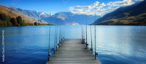 Fishing rods lined up on a dock with lake and mountains in the background 